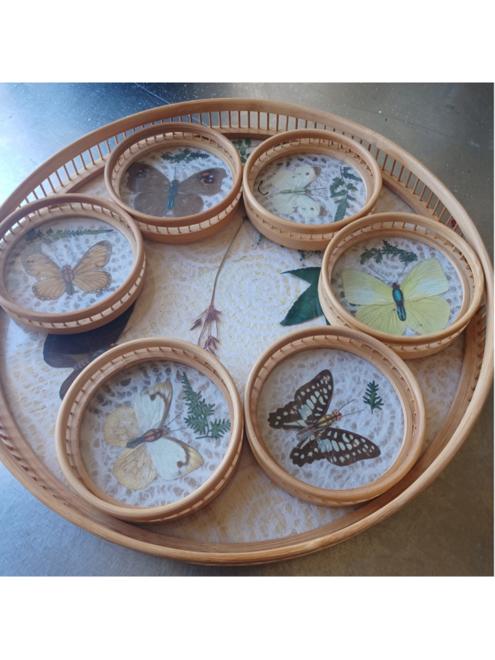 Vintage Rattan Bamboo Butterfly Tray & 6 Coasters, Vintage 1970’s, Pressed Yello